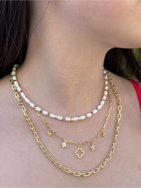 Minimalist White Bead & Gold Tone Accent Necklace Summer Adjustable Choker